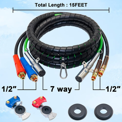 15 Ft 3 in 1 7 Way ABS Electrical Cable & Rubber Air Line Hose Assembly with Aluminum GladHands E126643