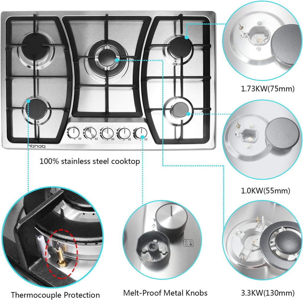 30 inches 5 Burners Stainless Steel Gas Cooktop P9675