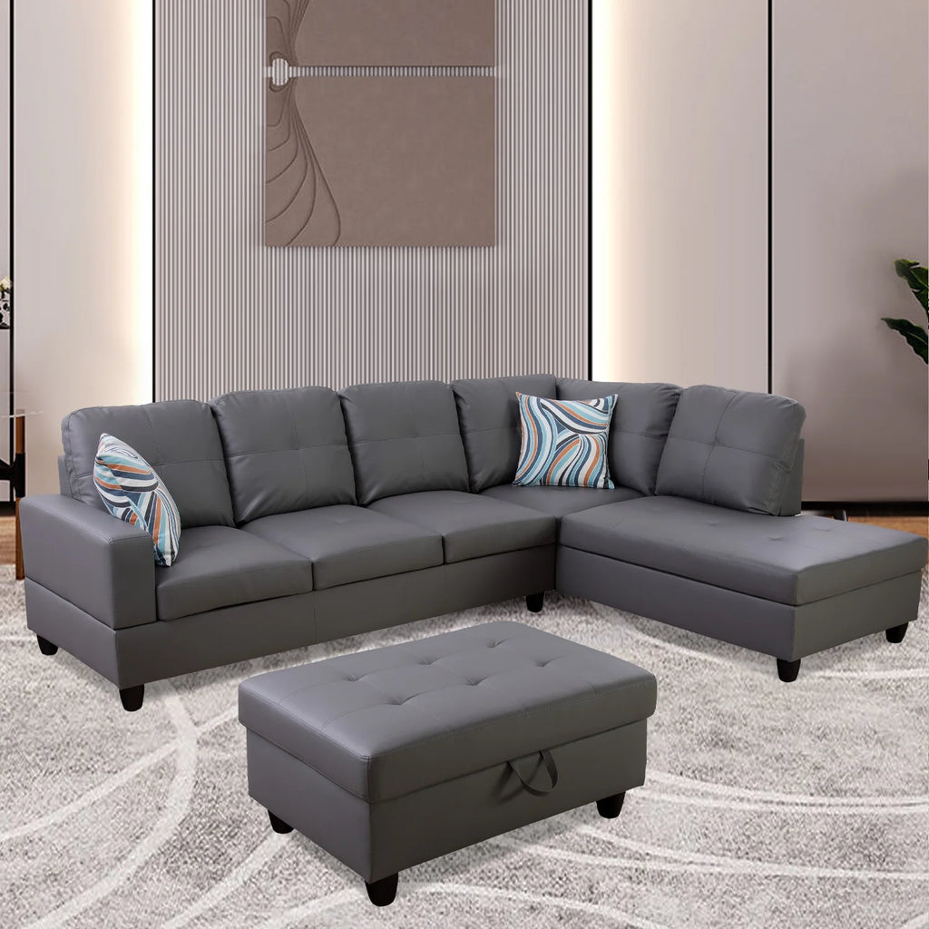 L-Shaped 3-Piece Sectional Sofa Couch, Dark Grey S2716