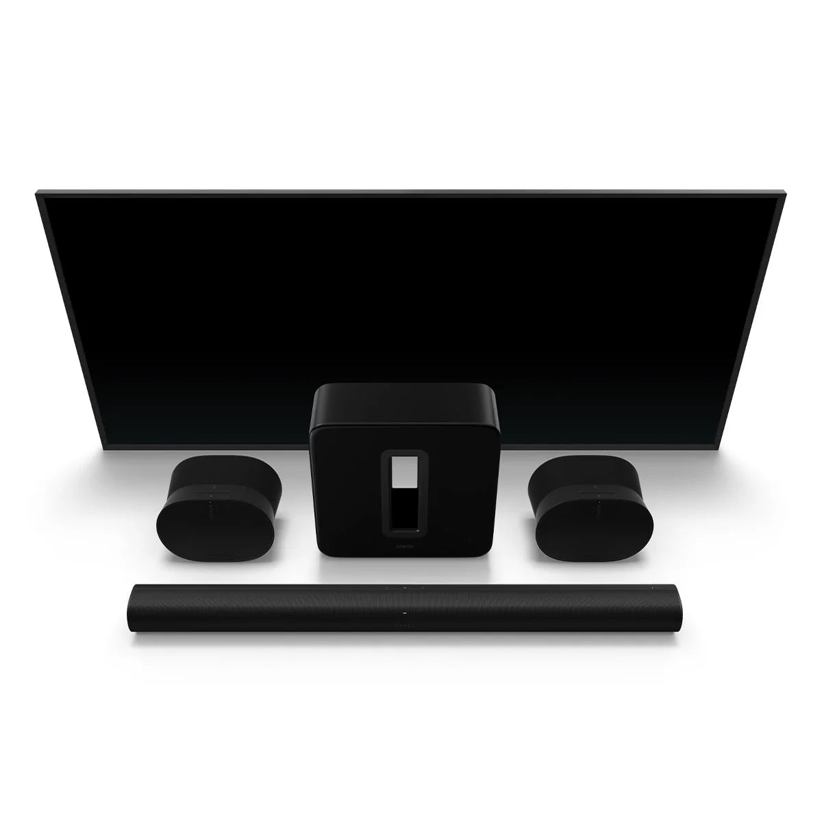 Black Wireless Soundbar, Subwoofer, and Pair of Smart Speakers B853