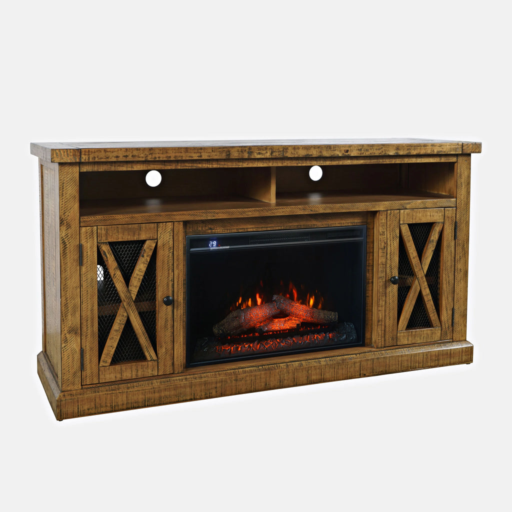 Rustic Solid Pine Storage Console TV Stand with Electric Fireplace Q637178