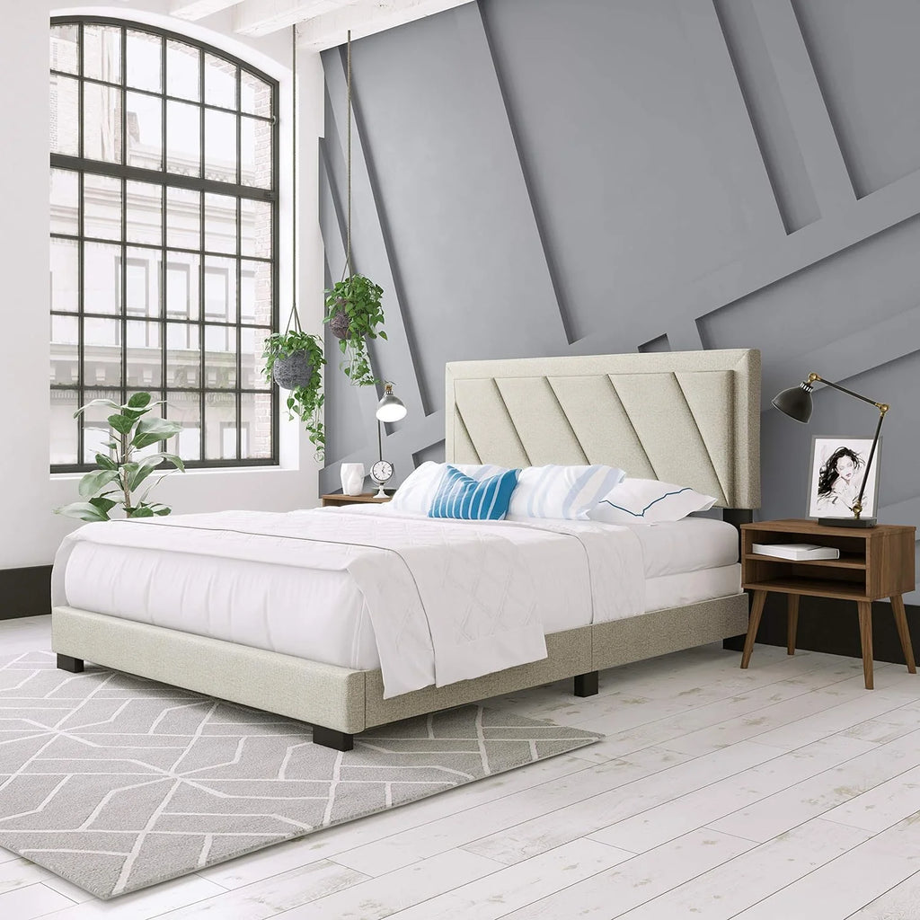 King White Upholstered Platform Bed with Headboard K9799