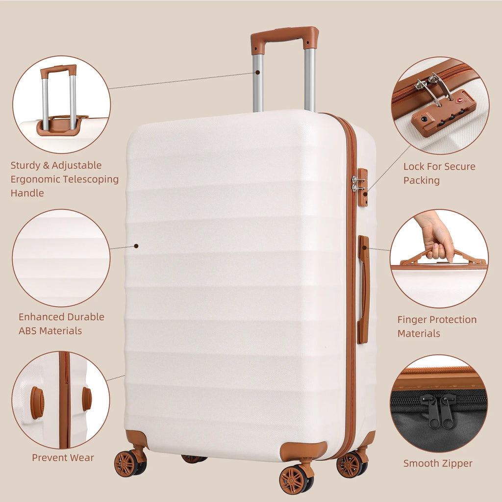 3 Piece Expandable ABS Hardshell Luggage Set Spinner Wheel Suitcase TSA Lock White Brown 20/24/28 Inch P5975