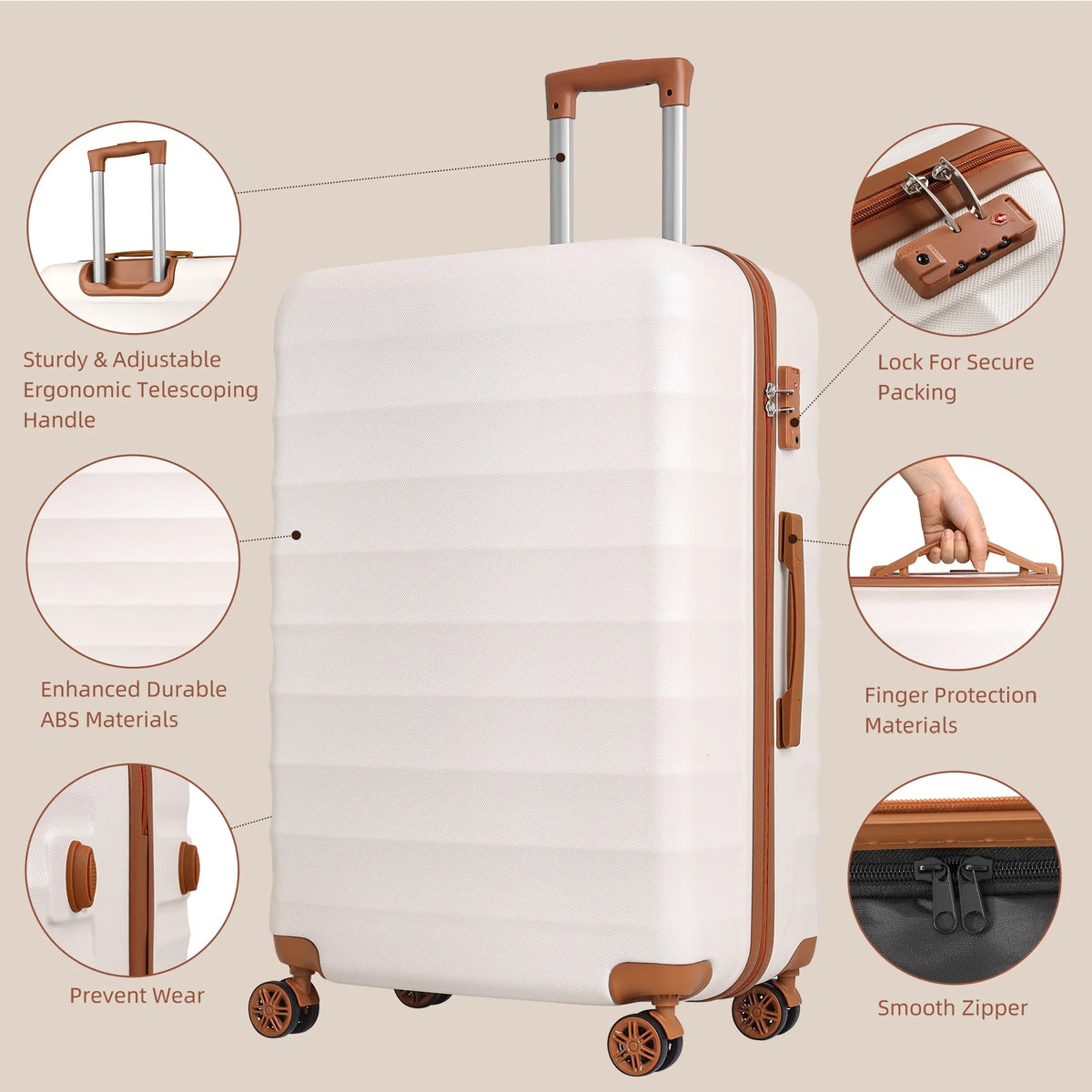 3 Piece Expandable ABS Hardshell Luggage Set Spinner Wheel Suitcase TSA Lock White Brown 20/24/28 Inch P5975