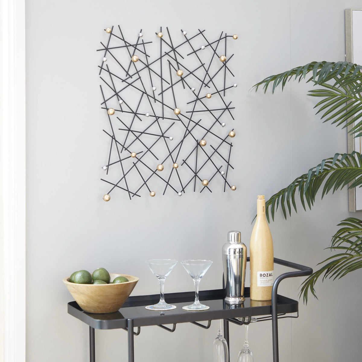Black Metal Hanging Wall Art Décor with Silver and Bronze Beads 24"W x 24"H R625