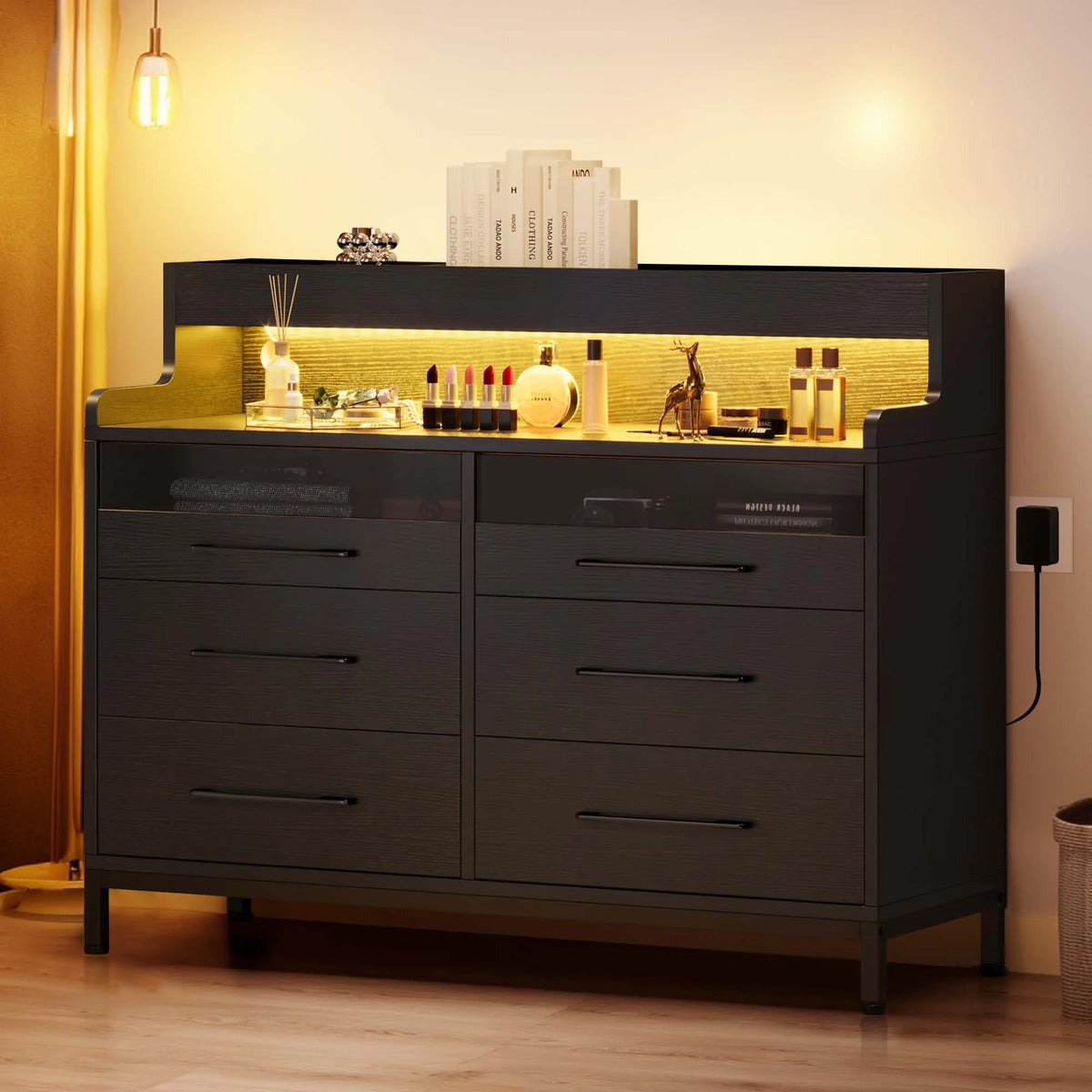 Black 6 Drawer Dresser with LED Light T577