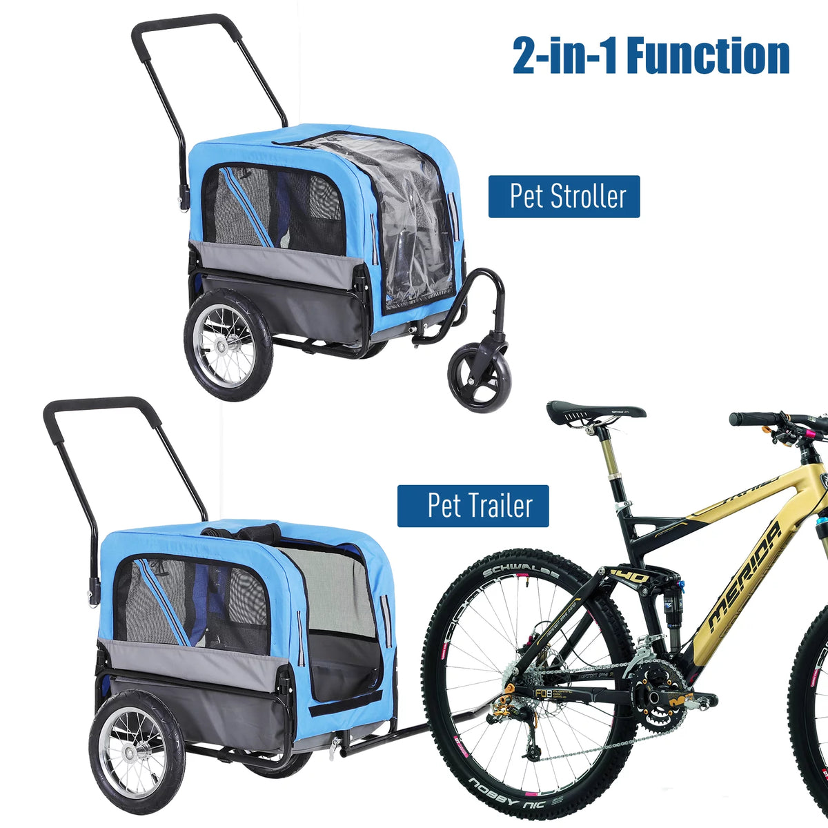 2-In-1 Dog Bicycle Trailer & Jogging Stroller with Swivel Wheels, Blue V723355