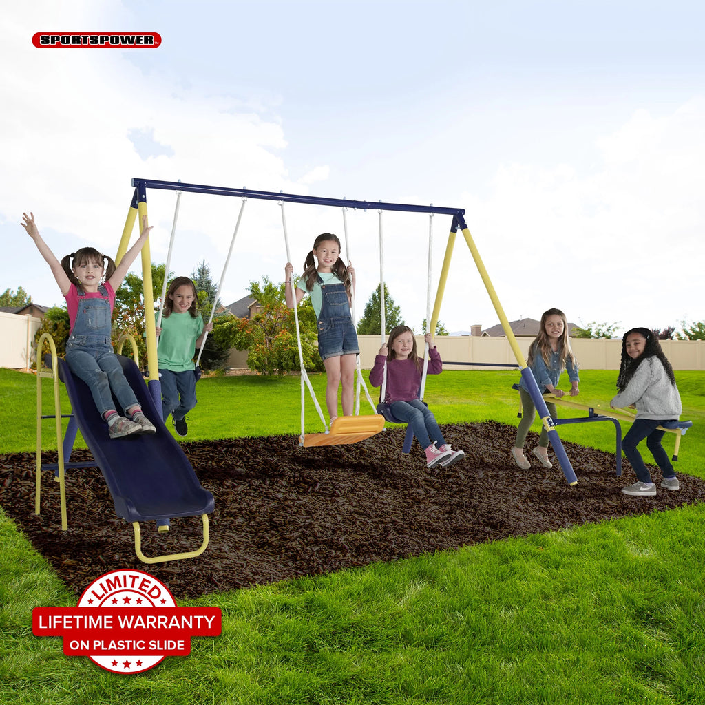 Metal Swing Set with Teeter-Totter and Double Wall Slide W121337