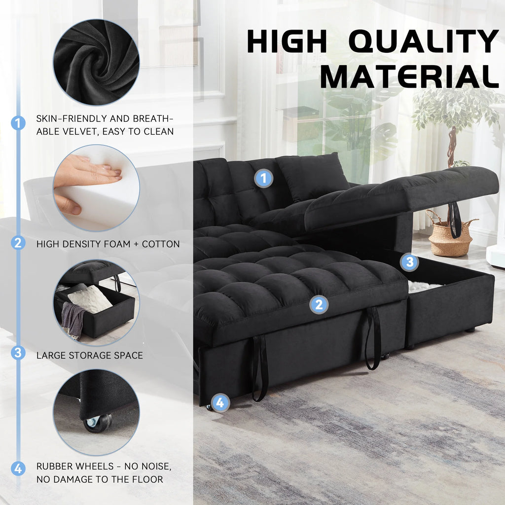 Velvet L Shaped Sleeper Sofa with Storage Chaise N420