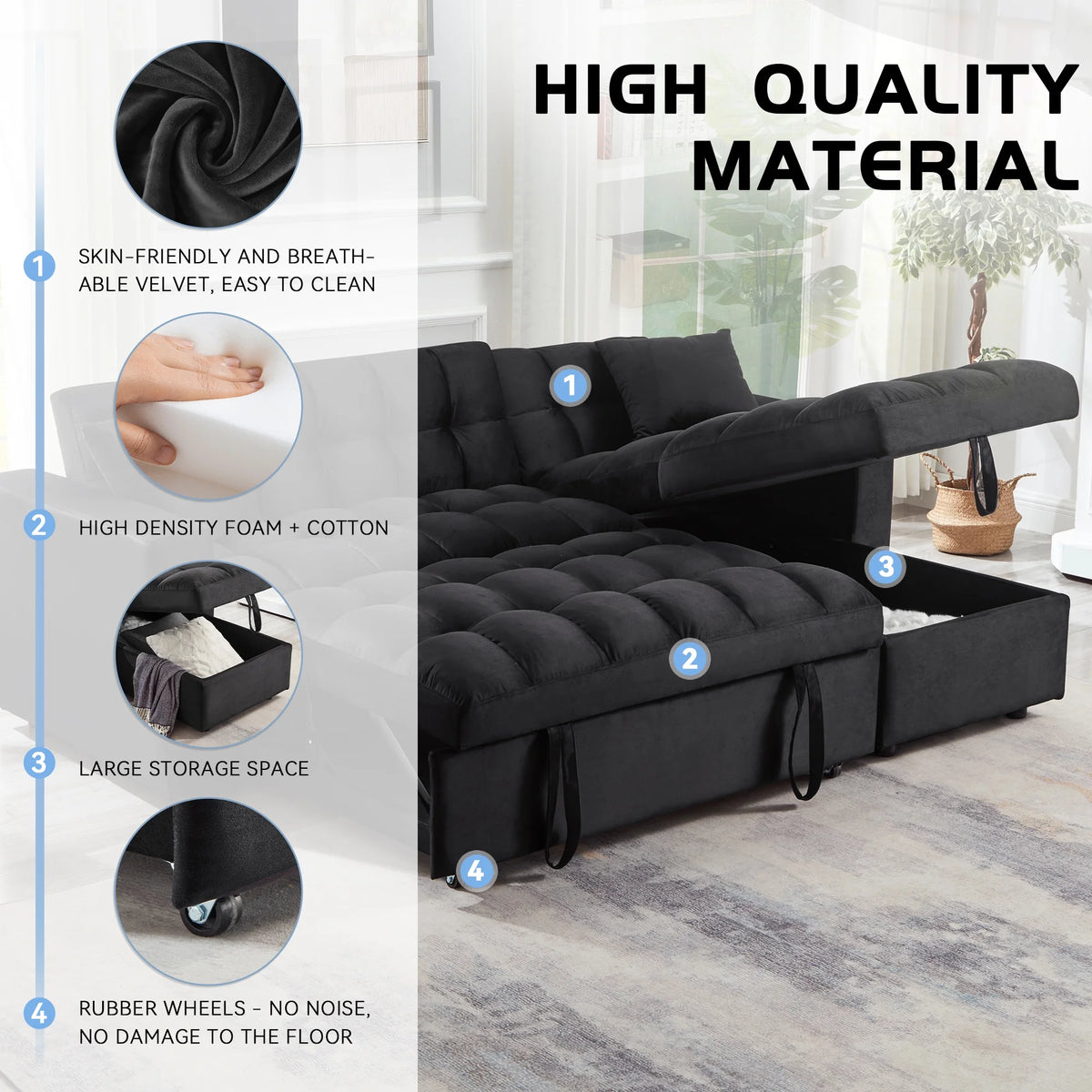 Velvet L Shaped Sleeper Sofa with Storage Chaise N420