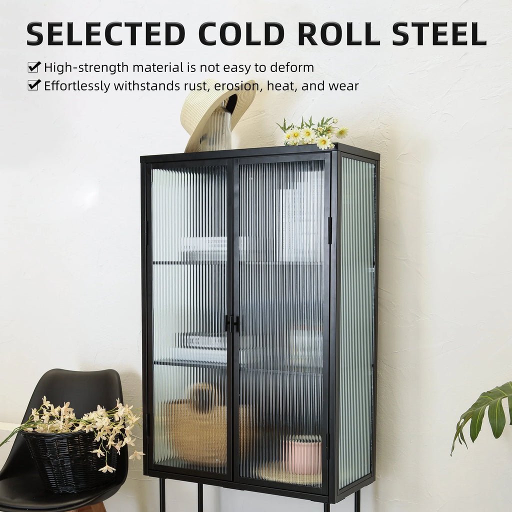 Black Fluted Glass High Cabinet with Dual Doors T23608
