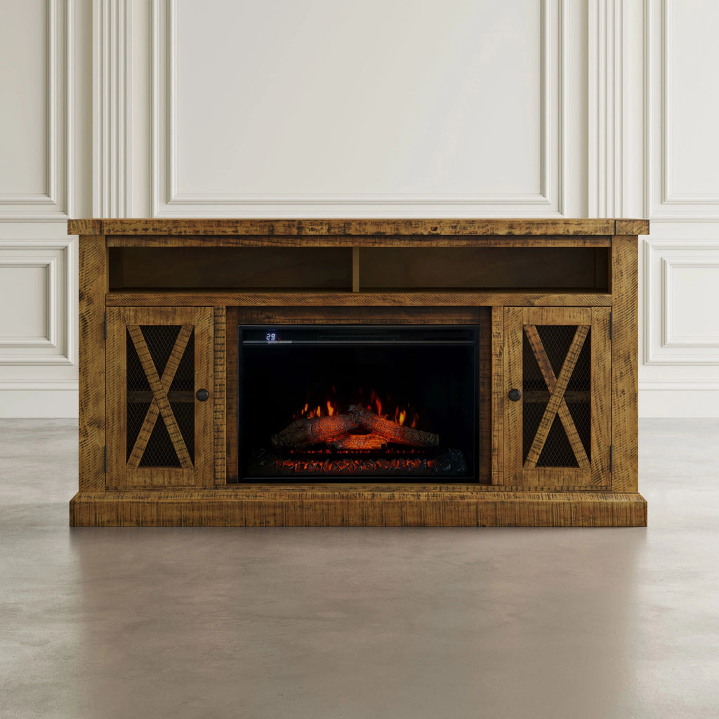Rustic Solid Pine Storage Console TV Stand with Electric Fireplace Q637178
