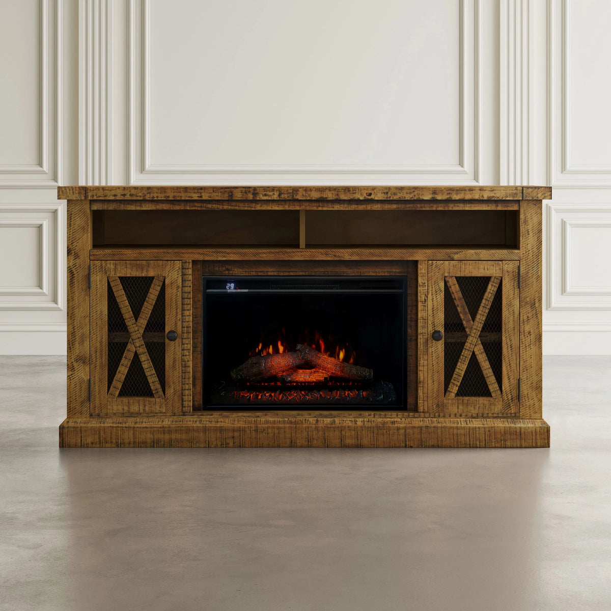 Rustic Solid Pine Storage Console TV Stand with Electric Fireplace Q637178