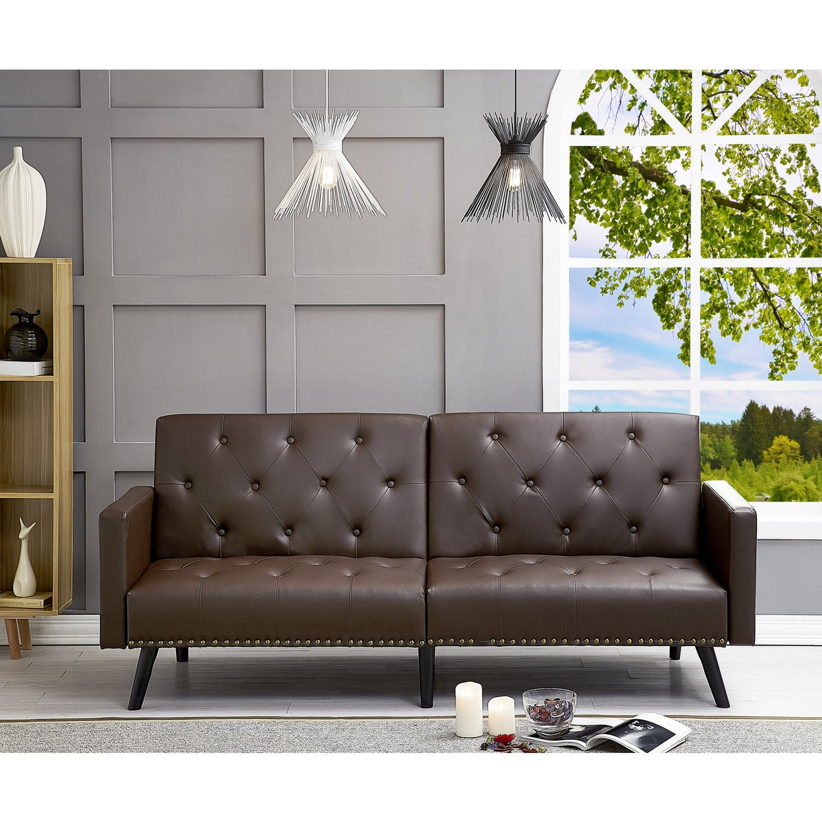 Espresso Faux Leather Tufted Split Back Futon Sofa E7832