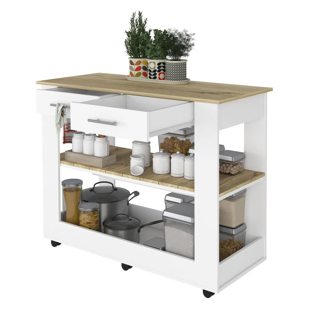 White Engineered Wood Kitchen Island with Two Drawers Y433