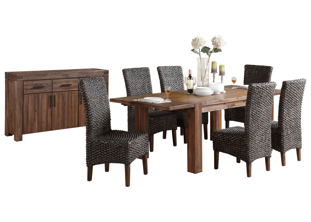8PC Rectangle Table 6 Water Hyacinth Chair Sideboard Dining Set Acacia Rustic Brown K39215