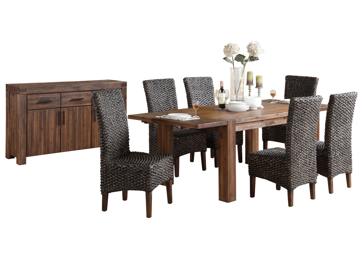 8PC Rectangle Table 6 Water Hyacinth Chair Sideboard Dining Set Acacia Rustic Brown K39215