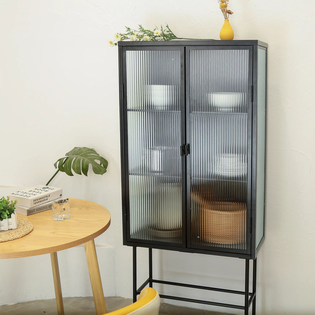 Black Fluted Glass High Cabinet with Dual Doors T23608
