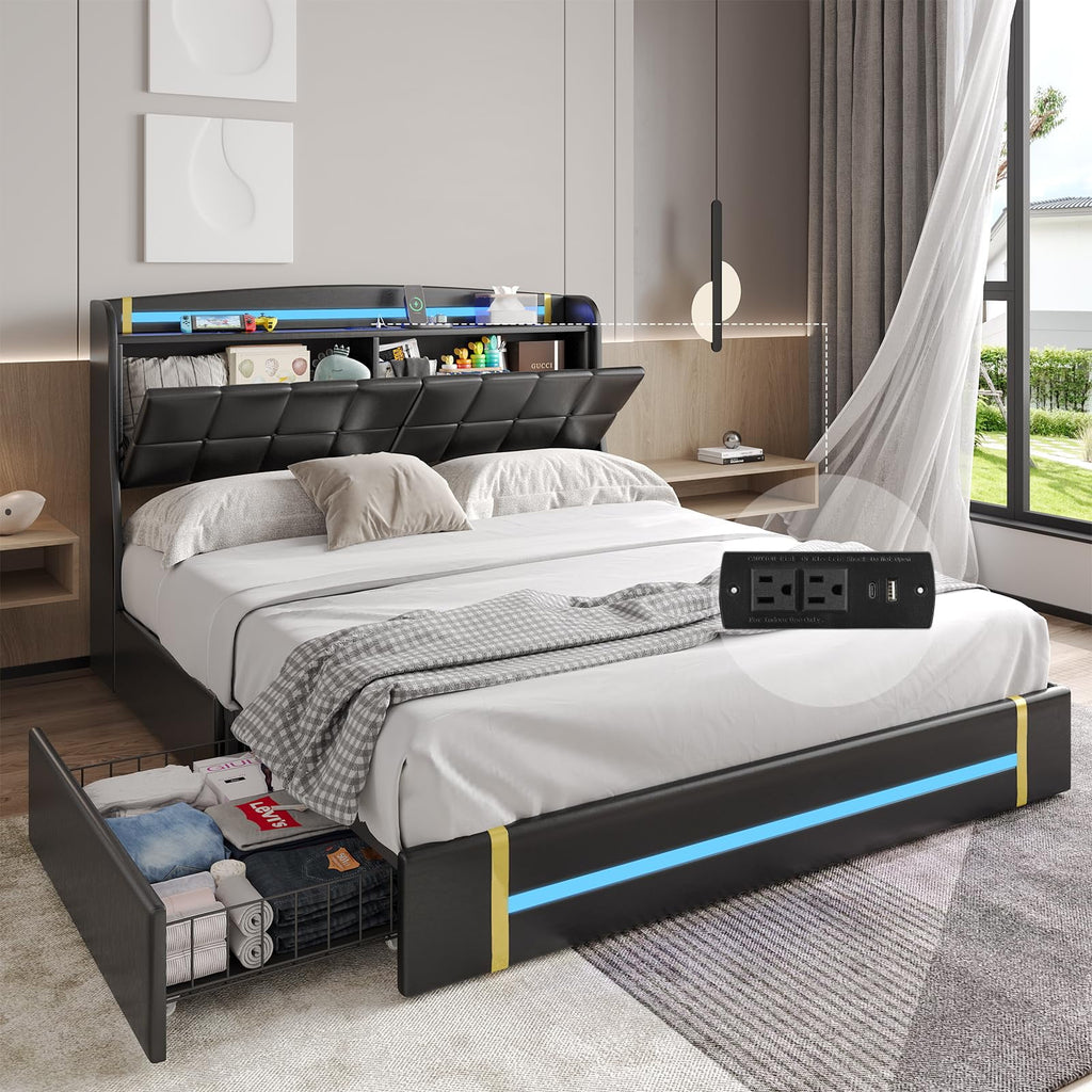 Queen Bed Frame with LED Lights and Charging Station, Upholstered Platform Bed Frame with Hidden Storage and 4 Drawers, Black H222