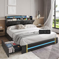 Queen Bed Frame with LED Lights and Charging Station, Upholstered Platform Bed Frame with Hidden Storage and 4 Drawers, Black H222