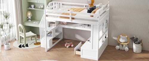 White Full Size Loft Bed with L-Shaped Desk, Wardrobe and Storage Shelves R737547