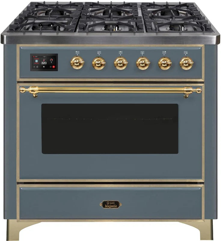Blue Grey Dual Fuel Natural Gas Range with Brass Trim T984