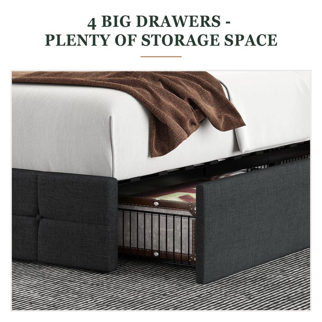 Queen Size Platform Bed Frame with Headboard and 4 Storage Drawers, Dark Grey D638