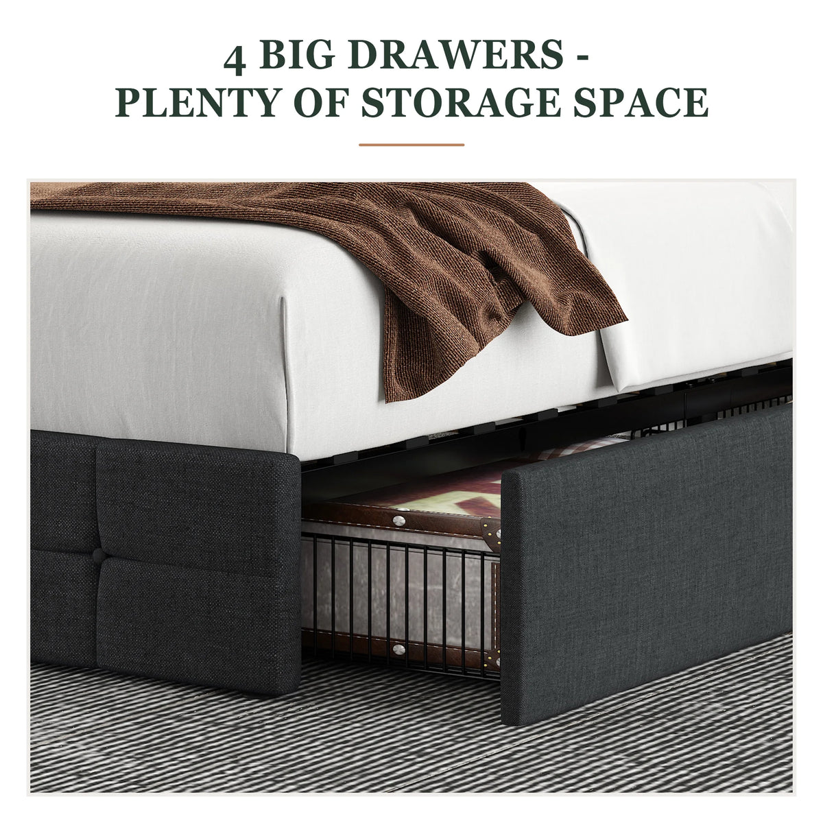 Queen Size Platform Bed Frame with Headboard and 4 Storage Drawers, Dark Grey D638