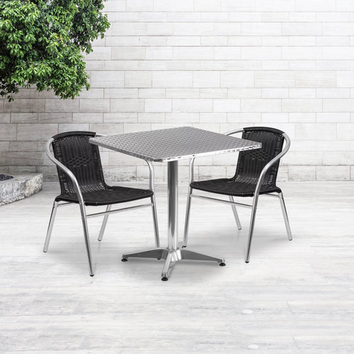 27.5'' Square Aluminum Table Set with 2 Black Rattan Chairs S10717