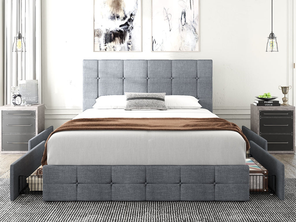 Queen Size Platform Bed Frame with Headboard and 4 Storage Drawers, Dark Grey D638
