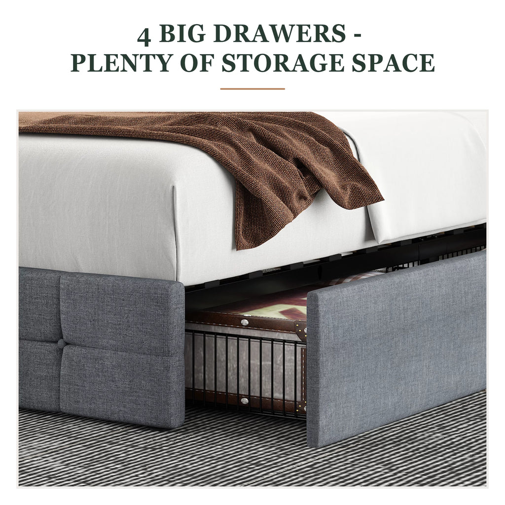Queen Size Platform Bed Frame with Headboard and 4 Storage Drawers, Dark Grey D638