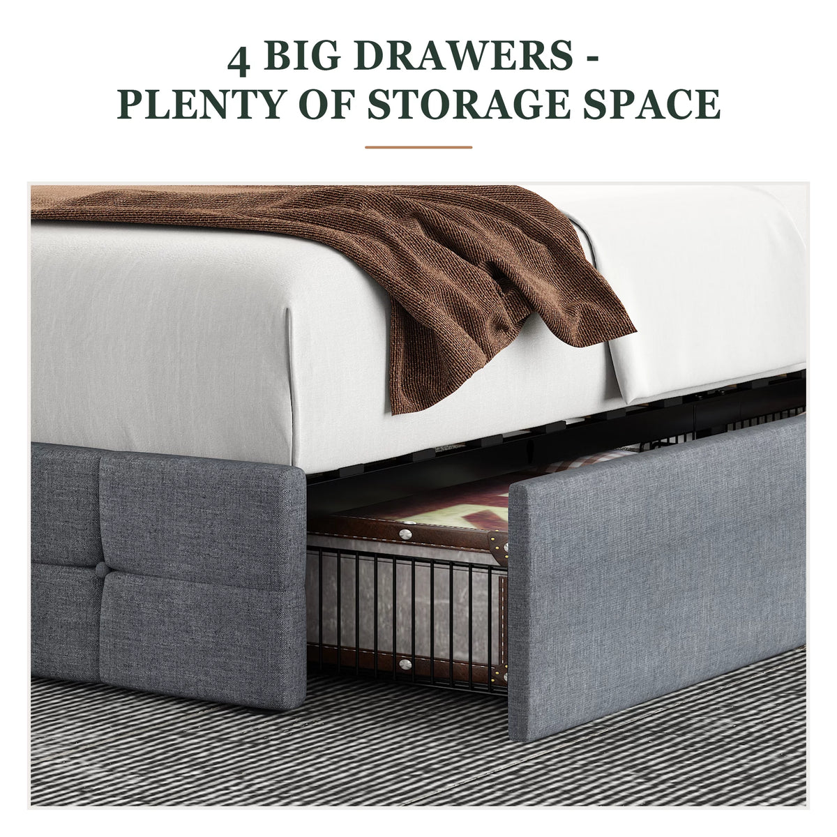 Queen Size Platform Bed Frame with Headboard and 4 Storage Drawers, Dark Grey D638