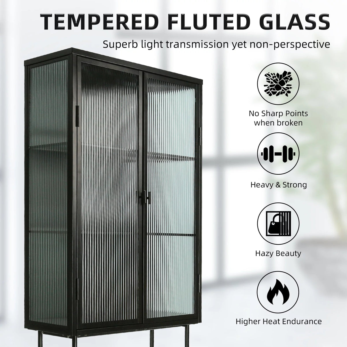 Black Fluted Glass High Cabinet with Dual Doors T23608