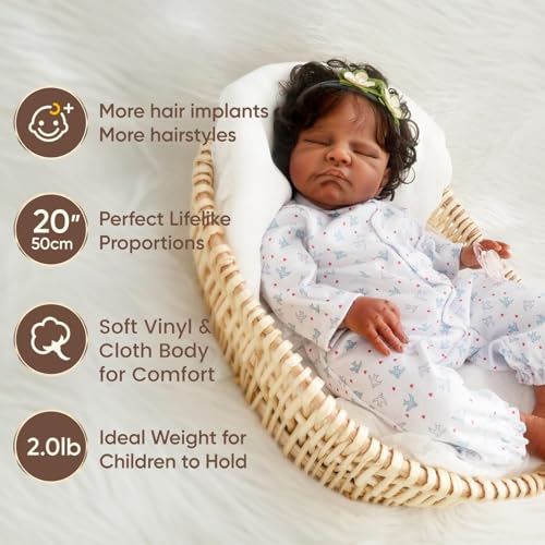 Black 20-Inch Sleeping Newborn Baby Dolls with Weighted Cloth Body and Curly Hair G296