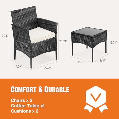 3 Pieces Wicker Rattan Patio Furniture Set with Cushion and Glass Table N54277