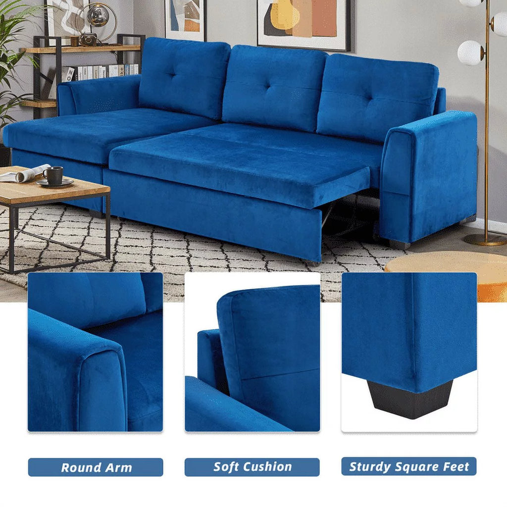Blue Flannel L-Shaped Sleeper Sofa with Storage Ottoman K1052