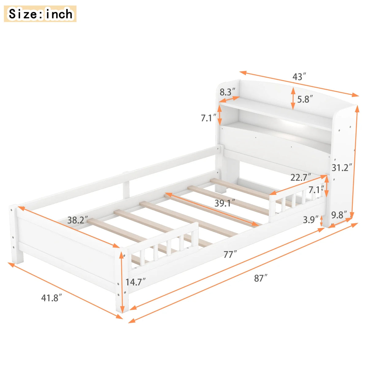 Twin Size Wood Platform Bed with Storage Headboard and Guardrail L757202