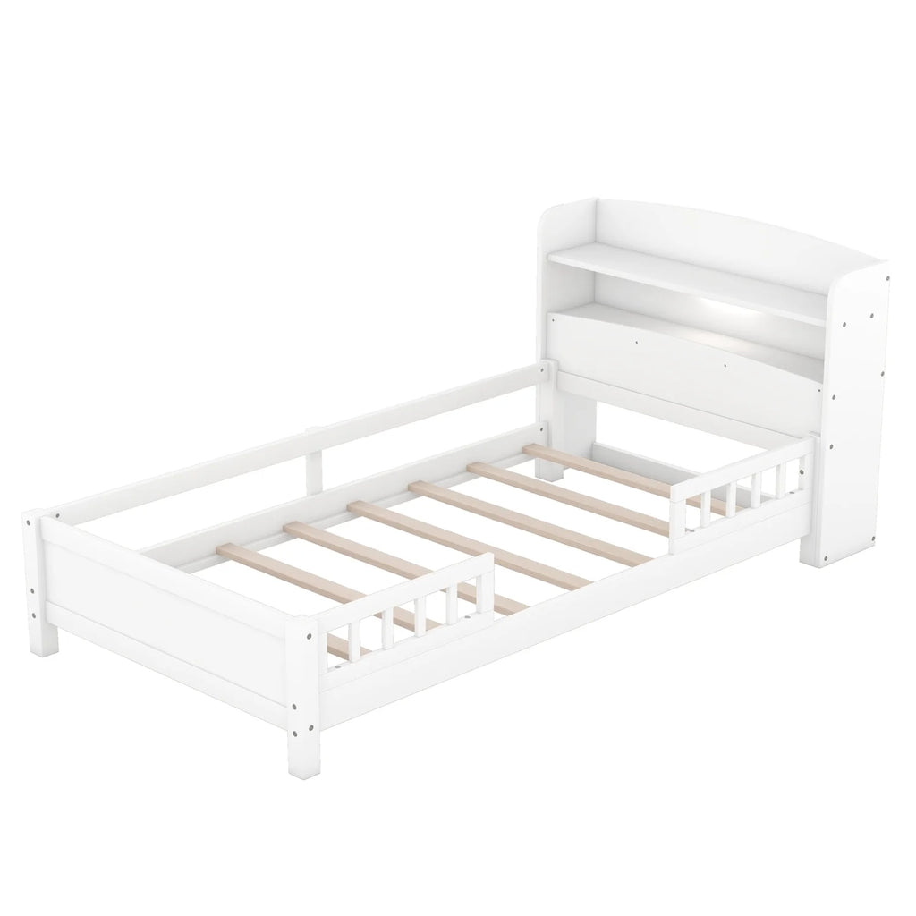Twin Size Wood Platform Bed with Storage Headboard and Guardrail L757202