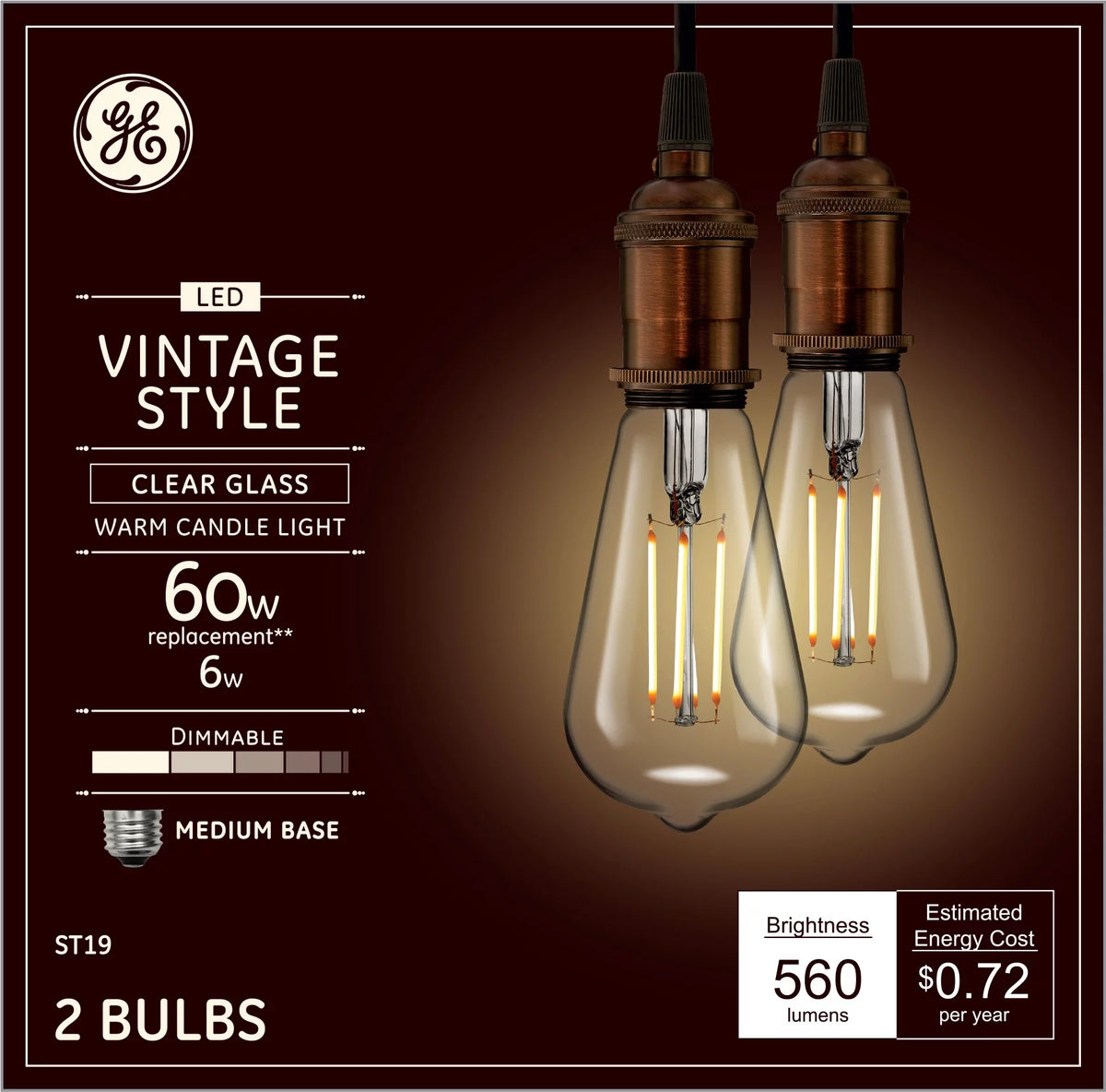 Vintage Style LED Edison Light Bulbs, Clear Glass, 2pk B9285