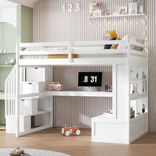 White Full Size Loft Bed with L-Shaped Desk, Wardrobe and Storage Shelves R737547