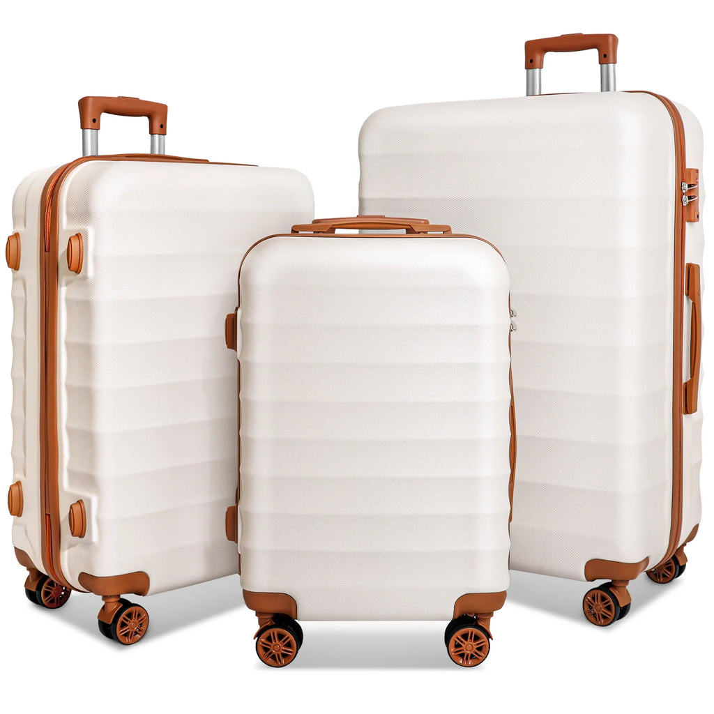 3 Piece Expandable ABS Hardshell Luggage Set Spinner Wheel Suitcase TSA Lock White Brown 20/24/28 Inch P5975