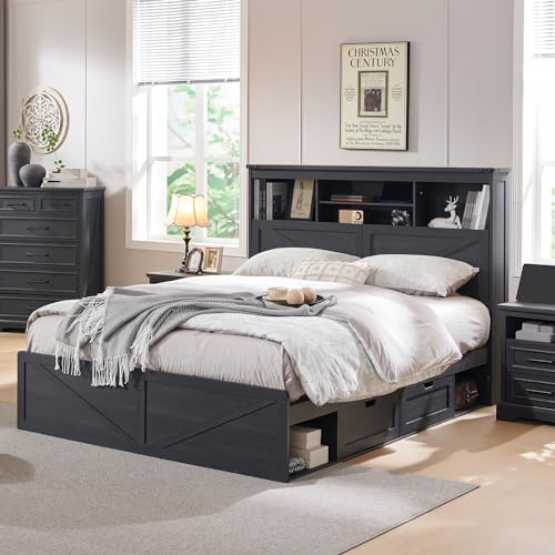 King Size Wood Bed Frame with Storage Headboard and 4 Drawers W657085