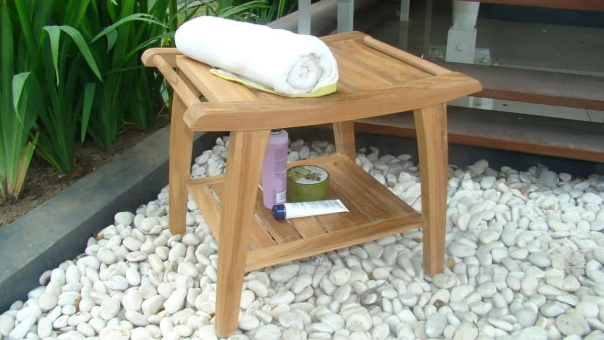 All Teak Wood Shower Bathroom Pool Bench Stool with Shelf L756439