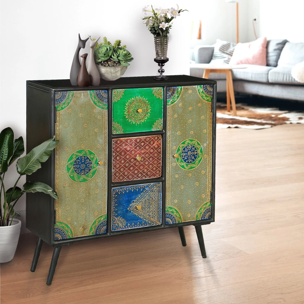 Recycled Mango Wood Cabinet with 3 Drawers and 2 Doors Q244