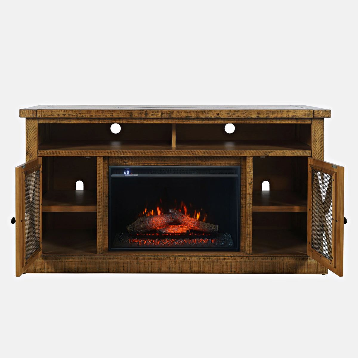 Rustic Solid Pine Storage Console TV Stand with Electric Fireplace Q637178