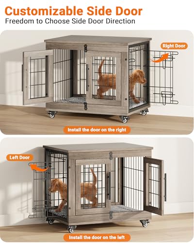 Wooden Dog Crate Furniture with Cushion and Wheels W81872