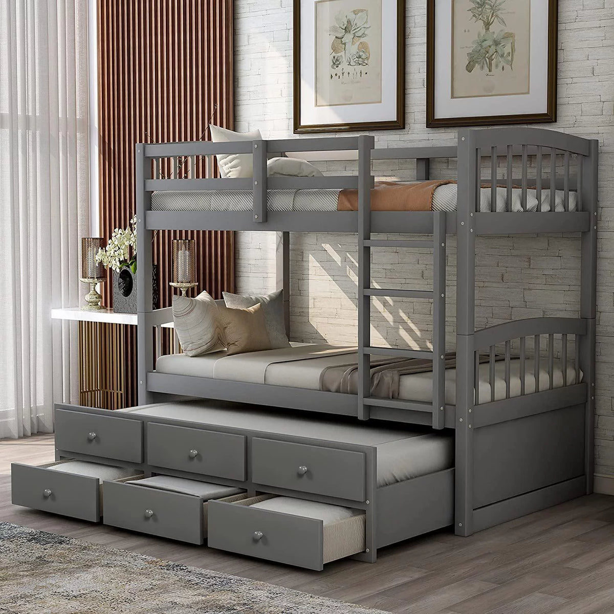 Twin Over Twin Wood Bunk Bed with Trundle and 3 Storage Drawers Y16237