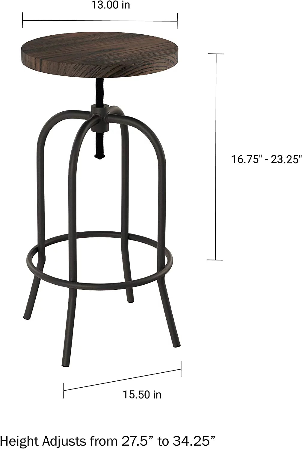 Swivel Adjustable Backless Bar or Counter Height Metal Stool with Elm Wood Seat J2864