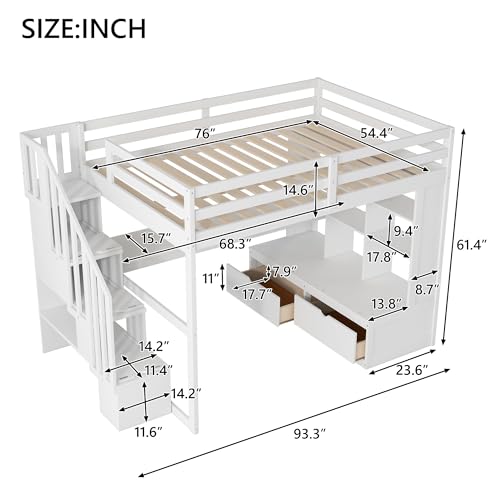 White Full Size Loft Bed with L-Shaped Desk, Wardrobe and Storage Shelves R737547