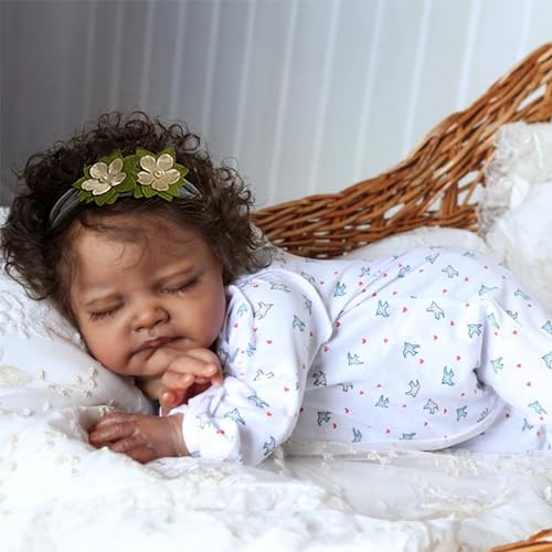 Black 20-Inch Sleeping Newborn Baby Dolls with Weighted Cloth Body and Curly Hair G296